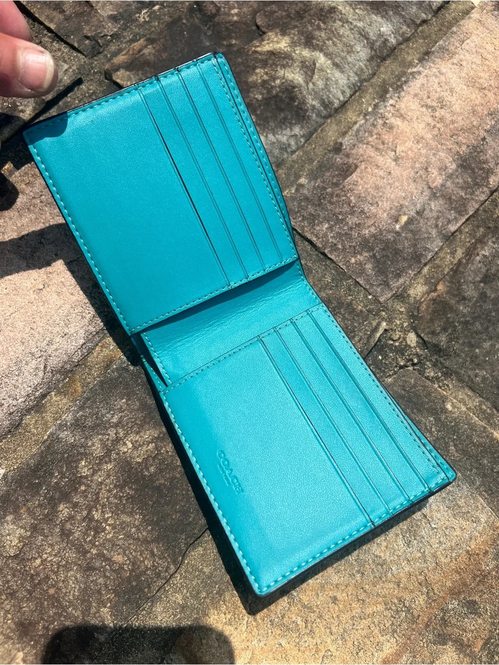 Coach Signature Slim Bi-Fold Wallet              Black/Turquoise (style 74993)